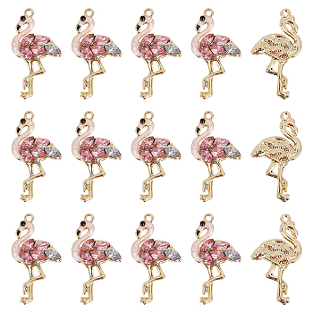 Alloy Enamel Pendants, with Rhinestone, Light Gold, Flamingo, Lavender Blush, 30x16x4mm, Hole: 1.4mm, 20pcs/box