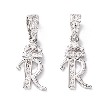 Eco-Friendly Brass Micro Pave Cubic Zirconia Pendants, Long-Lasting Plated, Real Platinum Plated, Cadmium Free & Lead Free, Letter, Letter.R, 16~20x7~11.5x1.5~2.2mm, Hole: 6.5x3.5mm