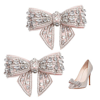 2Pcs Detachable Cloth Bowknot Shoe Decoration, with Rhinestone, Pink, 72x99x30mm