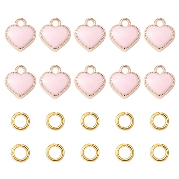 Heart Alloy Enamel Charms, with Brass Open Jump Rings, Pink, Charms: 8x7.5x2.5mm, hole: 1.5mm, 10pcs; Jump Rings: 20 Gauge, 4x0.8mm, Inner Diameter: 2.4mm, 10pcs