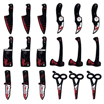 18Pcs 6 Styles Bloody Knife Scissors Axe Opaque Resin Halloween Horror Goth Pendants, for Jewelry Earring Making, Black, 49~50x12~24mm, Hole: 1.5mm, about 3pcs/style