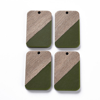 Opaque Resin & Walnut Wood Pendants, Two Tone, Rectangle, Olive Drab, 32.5x21x3mm, Hole: 2mm