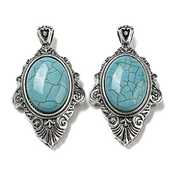 Synthetic Turquoise Big Pendants, Antique Silver Plated Alloy Oval Charms, 55x31.5x13mm, Hole: 7x5mm