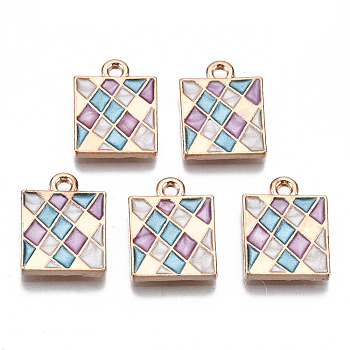 Alloy Pendants, with Enamel,  Square with Check Pattern, Lead Free, Light Gold, Orchid, 16x12x1.5mm, Hole: 1.6mm