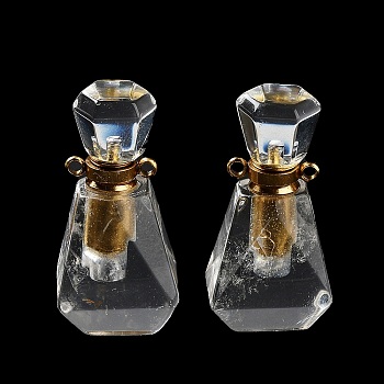 Natural Quartz Crystal Perfume Bottle Pendants, with Golden Tone Stainless Steel Findings, Essentail Oil Diffuser Charm, for Jewelry Making, 34~35x16.5x11~14mm, Hole: 1.6mm