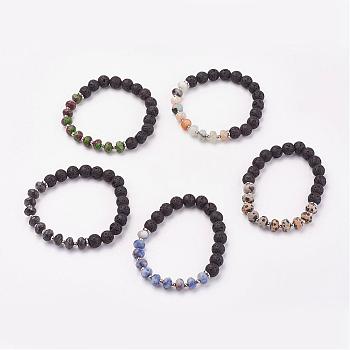 Natural & Synthetic Mixed Stone & Lava Rock Stretch Bracelets, with Iron Beads, Stainless Steel Bead Spacer, 2 inch(52mm)