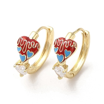Real 18K Gold Plated Brass Heart Hoop Earrings, with Enamel and Glass, Red, 19x9mm