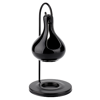 Ceramic Teardrop Candle Holder Oil Burner with Iron Rack, Essential Oil Incense Aroma Diffuser, Black, 7.6x7.9x10.1cm & 10.2x9.75x20cm