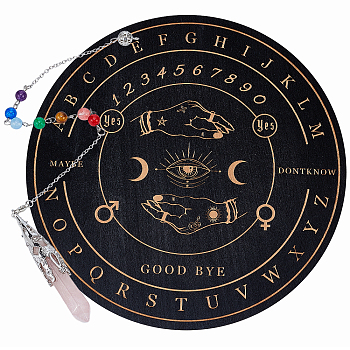 AHADEMAKER 1Pc Natural Rose Quartz Dowsing Pendulum Pendant, with 1Pc Wood Custom Pendulum Board, for Witchcraft Wiccan Altar Supplies, Eye Pattern, Pendant: 29~29.7cm, Board: 20x0.4cm
