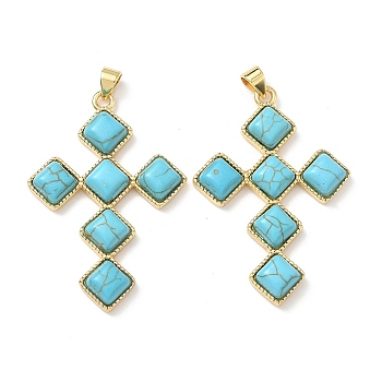 Dyed Synthetic Turquoise Rhombus Cross Pendants, with Brass Settings, Real 18K Gold Plated, 42x29x5mm, Hole: 4.5x3.5mm
