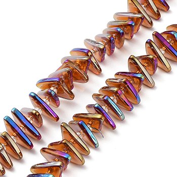 Electroplate Transparent Glass Beads Strands, Rainbow Plated, Triangle, Orange, 9x15.5~16mm, Hole: 1mm, about 120pcs/strand, 24.57~25.67''(62.4~65.2cm)
