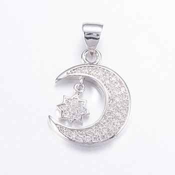 Brass Micro Pave Cubic Zirconia Pendants, Long-Lasting Plated, Real Platinum Plated, Moon, 18x14x2.5mm, Hole: 3.5x4mm