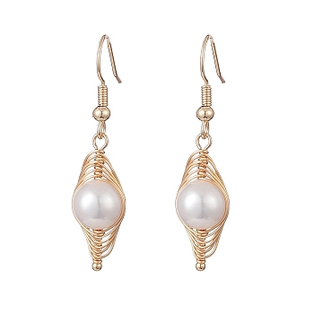 Natural Pearl Dangle Earrings, Golden Copper Wire Wrap Jewelry for Women, WhiteSmoke, 42mm, Pin: 0.6mm