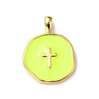 Brass Enamel Pendants, Light Gold, Flat Round with Cross, Green Yellow, 18x13.5x3.5mm, Hole: 2x3.5mm
