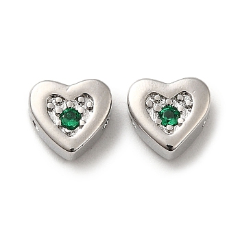 Real Platinum Plated Brass Beads, with Glass, Heart, Dark Green, 7x7.5x3.5mm, Hole: 1mm