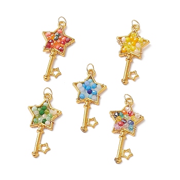 Glass Pendants, with Brass Open Back Bezel Pendants Finding, Key with Star Charms, Mixed Color, 39.5x19.5x3~4mm, Hole: 4.6mm