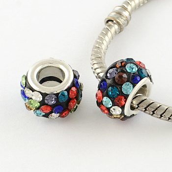 Polymer Clay Rhinestone European Large Hole Beads with Silver Color Plated Brass Cores, Rondelle, Colorful, 11~12x7~7.5mm, Hole: 5mm