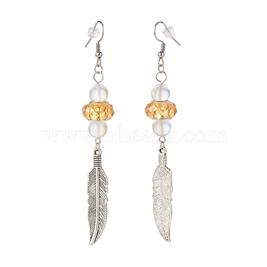 Feather with Round Beads Long Dangle Earrings for Girl Women(EJEW-JE04681-04)-3