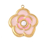 Dyed Natural White Jade Pendants, Stainless Steel Enamel Flower Charms, Real 18K Gold Plated, Misty Rose, 24.5x21.5x4mm, Hole: 1.4mm(STAS-P404-10D-G07)