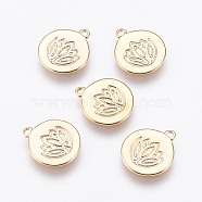 Brass Charms, Flat Round with Flower, Nickel Free, Real 18K Gold Plated, 11.5x10x1mm, Hole: 1mm(X-KK-T020-88G)