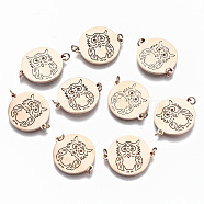 304 Stainless Steel Links Connectors, with Jump Rings, Laser Cut, Flat Round with Owl Pattern, Rose Gold, 14x17x1mm, Jump Ring: 3x0.4mm, 2.2mm inner diameter(STAS-S116-113RG)