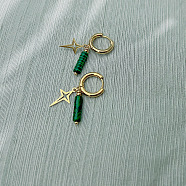 Vintage French Style Gold-Plated Starlight Hoop Earrings, with Synthetic Maifanite Pendants, Golden, Green, (FG9295-2)