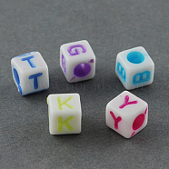 Craft Style Mixed Color Chunky Letter Acrylic Cube Beads for Kids Jewelry, Horizontal Hole, about 6mm long, 6mm wide, 6mm thick, hole: 3mm(X-MACR-R479-M)