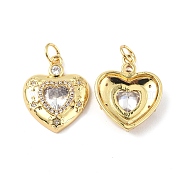 Brass Micro Pave Clear Cubic Zirconia Pendants, with Jump Ring and Glass, Heart Charm, Real 18K Gold Plated, 18.5x13x4mm, Hole: 3.5mm(KK-E068-VF334)