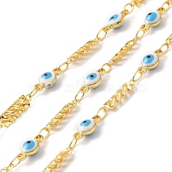 Handmade Enamel Evil Eye Link Chains, Real 18K Gold Plated Brass Hollow Rectangle Link Chains, Soldered, with Spool, Cadmium Free & Lead Free, Sky Blue, Rectangle: 9.5x3.5x1mm, Evil Eye: 9x4.5x3mm(CHC-M024-07G)