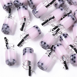 Glass Bottle Pendants, with Resin Inside, Imitation Bubble Tea/Boba Milk Tea, Pearl Pink, 27x12x10mm, Hole: 1.8mm(X-CRES-N017-03F)