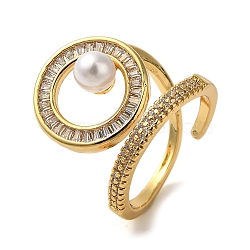 Rack Plating Ring Brass Micro Pave Clear Cubic Zirconia Open Cuff Rings, with Round ABS Plastic Imitation Pearl Beads, Long-Lasting Plated, Real 18K Gold Plated, Inner Diameter: 18mm(RJEW-H235-01G)