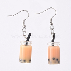 Glass Imitation Bubble Tea Bottle Dangle Earrings, with 304 Stainless Steel Earring Hooks, Light Khaki, 47.5mm, Pin: 0.7mm(EJEW-JE04029-02)