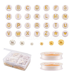 Cheriswelry DIY Alphabet Theme Stretch Bracelets Making Kits, 2020Pcs Round & Flat Round Glass Pearl & Acrylic Beads, White, 4mm, Hole: 1mm(DIY-CW0001-10)