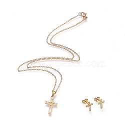 (Jewelry Parties Factory Sale)304 Stainless Steel Jewelry Sets, Cable Chains Pendant Necklaces and Stud Earrings, with Lobster Claw Clasps and Ear Nuts, Cross, Golden, 17.99 inch(45.7cm), 11.5x8mm, Pin: 0.8(SJEW-I202-10G)
