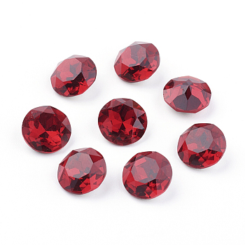 Pointed Back & Back Plated K9 Glass Rhinestone Cabochons, Grade A, Faceted, Flat Round, Ruby, 8x4.5mm