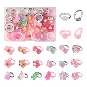 DIY Candy Finger Ring Making Kit, Including Flower & Bowknot & Heart & Starfish Resin Cabochons, Acrylic & Brass Finger Ring Bases, Mixed Color, 42Pcs/box