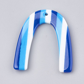 Resin Pendants, U Shape with Stripe Pattern, Blue, 38x32~35x3~4mm, Hole: 1.5mm