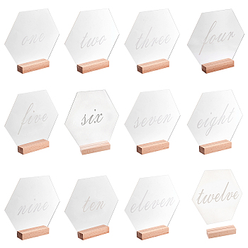 Display Decorations, Including 24Pcs Rectangle Beechwood Name Card Holder, Hexagon with English Number Acrylic Desk Signs & Name Plate, White, 100x30x20.5mm, 24pcs/bag