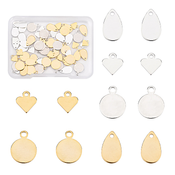 60Pcs 6 Style Brass Charms, Teardrop & Heart & Flat Round, Mixed Color, 7~10.5x6~8x0.4~0.5mm, Hole: 0.9~1.5mm, 10pcs/style