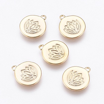 Brass Charms, Flat Round with Flower, Nickel Free, Real 18K Gold Plated, 11.5x10x1mm, Hole: 1mm