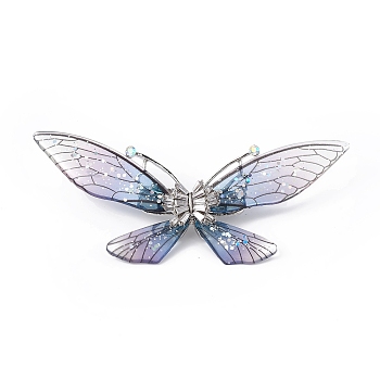 Bling Resin Butterfly Brooch Pin with Crystal Rhinestone, Platinum Alloy Badge for Women, Light Steel Blue, 43.5x93.5x16mm, Pin: 0.8mm
