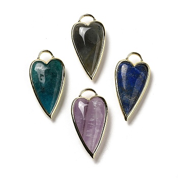Natural Mixed Stone Pendants, Rack Plating Brass Heart Charms, Golden, 38x19x7.3~7.8mm, Hole: 4.7x6.5mm