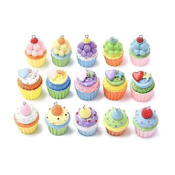 Opaque Resin Pendants, Cupcake, with Platinum Iron Loop, Mixed Color, 34~36x22~23.5mm, Hole: 1.8mm