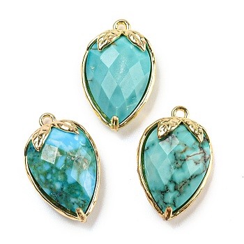 Natural Turquoise Faceted Pendants, Rack Plating Brass Strawberry Charms, Golden, 18x11x5~5.5mm, Hole: 1.2mm