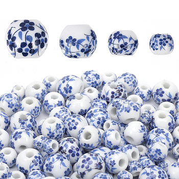 200Pcs 4 Styles Handmade Porcelain Beads, Blue and White Porcelain, Round with Flower Pattern, Blue, 6~12x5~10.5mm, Hole: 2~3mm, 50pcs/style