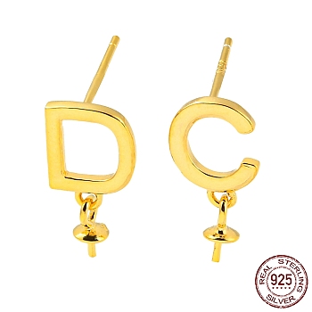 925 Sterling Silver Stud Earring Findings, Initial Letter D & C Asymmetrical Earrings Findings for Half Drilled Beads, with S925 Stamp, Real 18K Gold Plated, 14.5~15x7mm, Pin: 10.5x0.7mm and 0.7mm