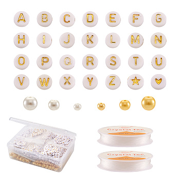 Cheriswelry DIY Alphabet Theme Stretch Bracelets Making Kits, 2020Pcs Round & Flat Round Glass Pearl & Acrylic Beads, White, 4mm, Hole: 1mm