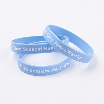 Silicone Inspirational Wristbands Bracelets, Cord Bracelets, with Word Theo Schlicht Heart Warrior, Light Sky Blue, 2-3/8 inch(60mm), 12x2mm