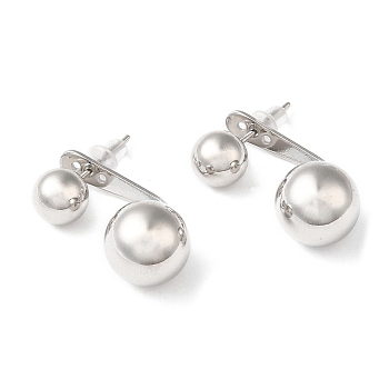 Rack Plating Brass Round Ball Front Back Stud Earrings, Dangle Stud Earrings, Platinum, 23.5x11.5mm