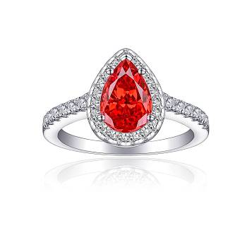 925 Sterling Silver Micro Pave Cubic Zirconia Plain Band Rings, Real Platinum Plated, Teardrop, Red, Inner Diameter: 17.4mm